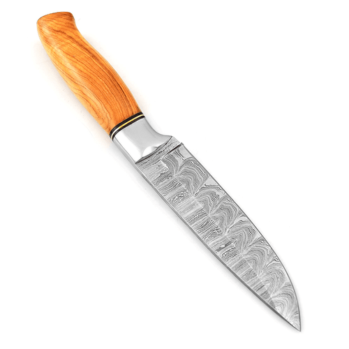 White Deer Custom Made Damascus Hunter Knife w/ Burl-Wood Handle - Picture 3 of 5