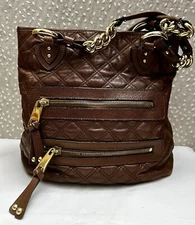 MARC JACOBS QUILTED BROWN LEATHER DOUBLE ZIPPER CHAIN STRAP HANDBAG
