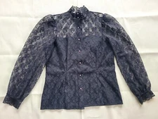 Vintage High Neck Lacey Black Button Victorian Edwardian Top Blouse M/L Retro
