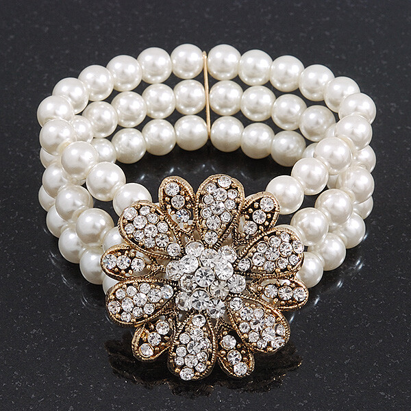 Vintage Multistrand White Simulated Glass Pearl 'Flower' Flex Bracelet - up to