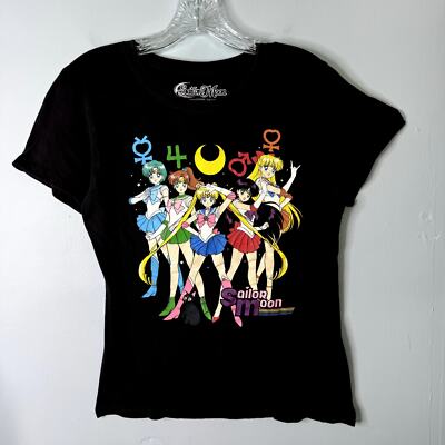 Sailor Moon Sailor Scouts Group Symbols Fitted Black T-Shirt Anime