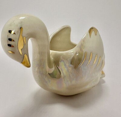 Swan Planter Or Trinket Dish Pearl & Gold Iridescent Luster Ware