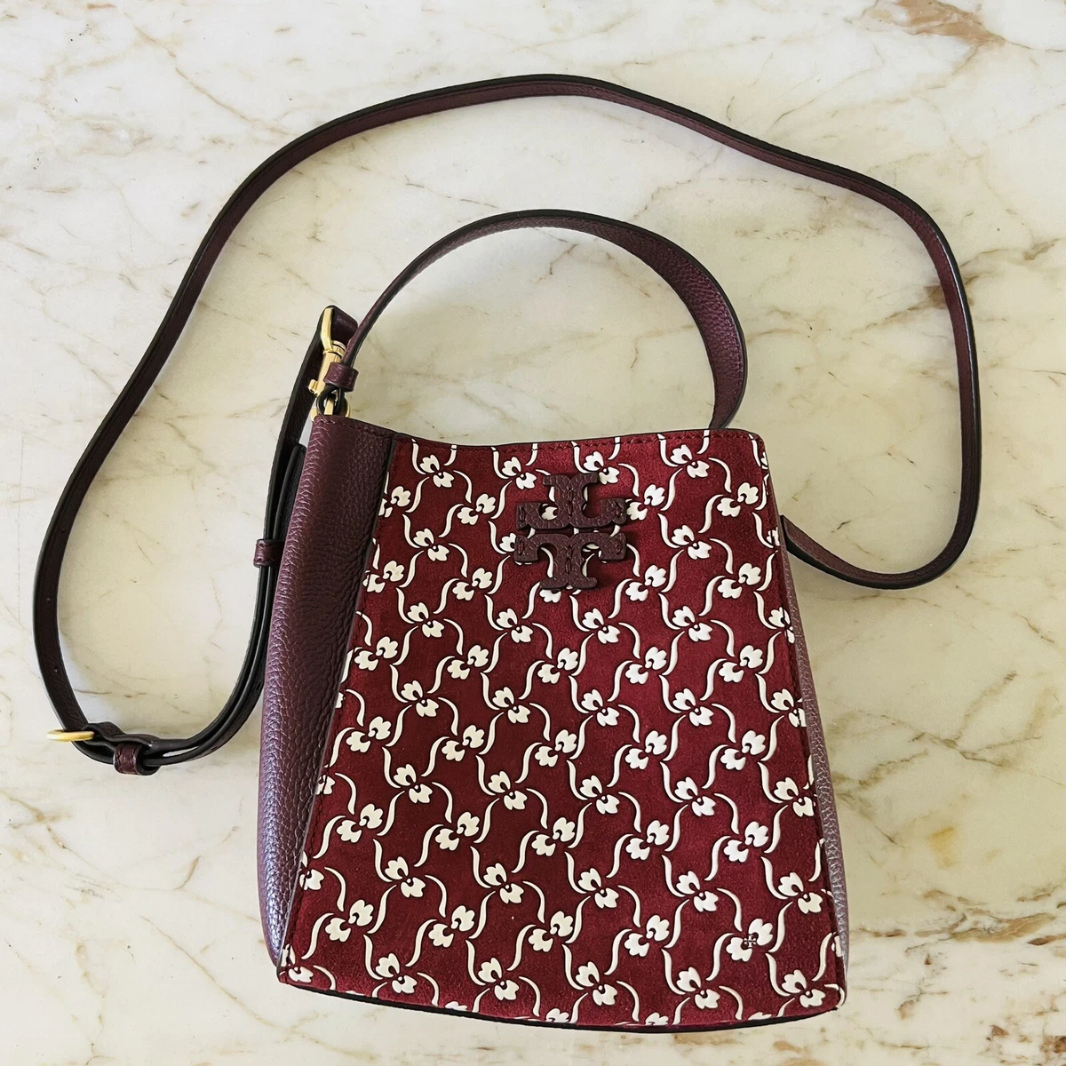 TORY BURCH McGraw Burgundy Leather High Frequency Small Bucket Crossbody  Bag