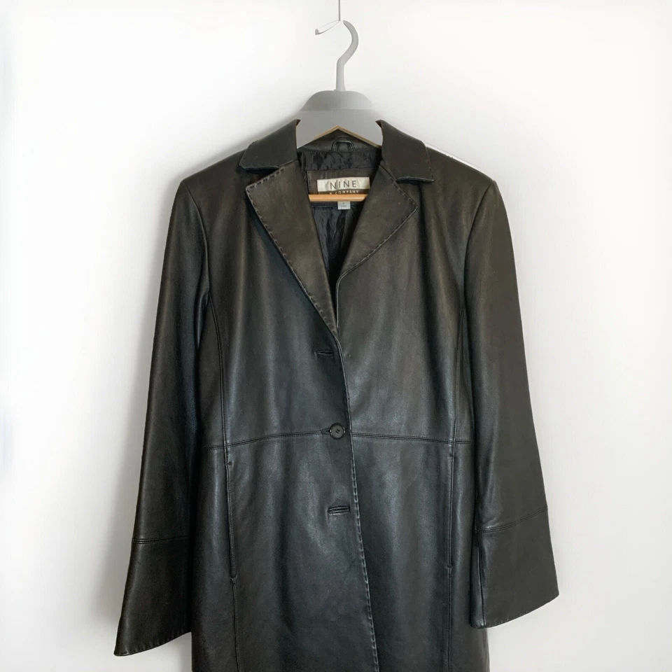 Nine Company Soft Leather Coat Black Button Lined Sz M Grunge Y2K Matrix - Image 3 of 4