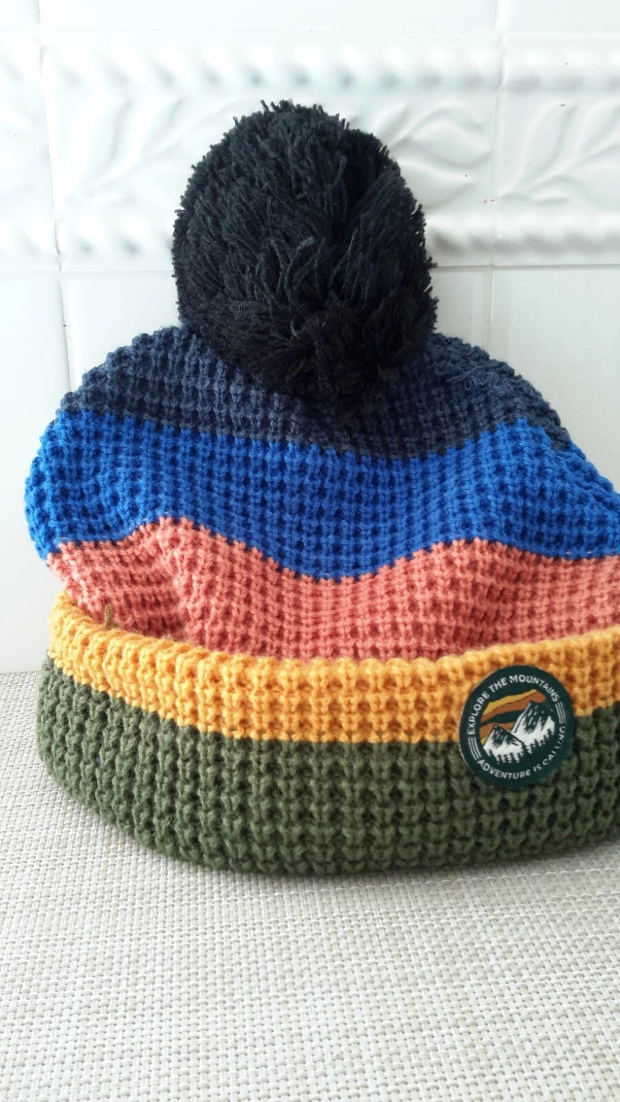 Explore The Mountains Beanie Cuffed Knit Winter Fleece Lined Colorful Pom Hat