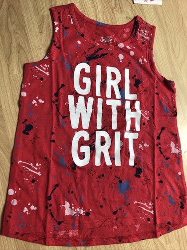 NWT JUSTICE girls size 8 top-Pullover Top Red splash sleeveless “girl with gri!! - 第 1/4 張圖片