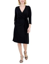 Alfani Women's 3/4 Sleeve Wrap Tie Front Wrap Dress Black Petites Size PM