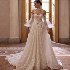 Luxury Elegant Wedding Dress A Line Lace Appliques Long Sleeve Tulle Bridal Gown