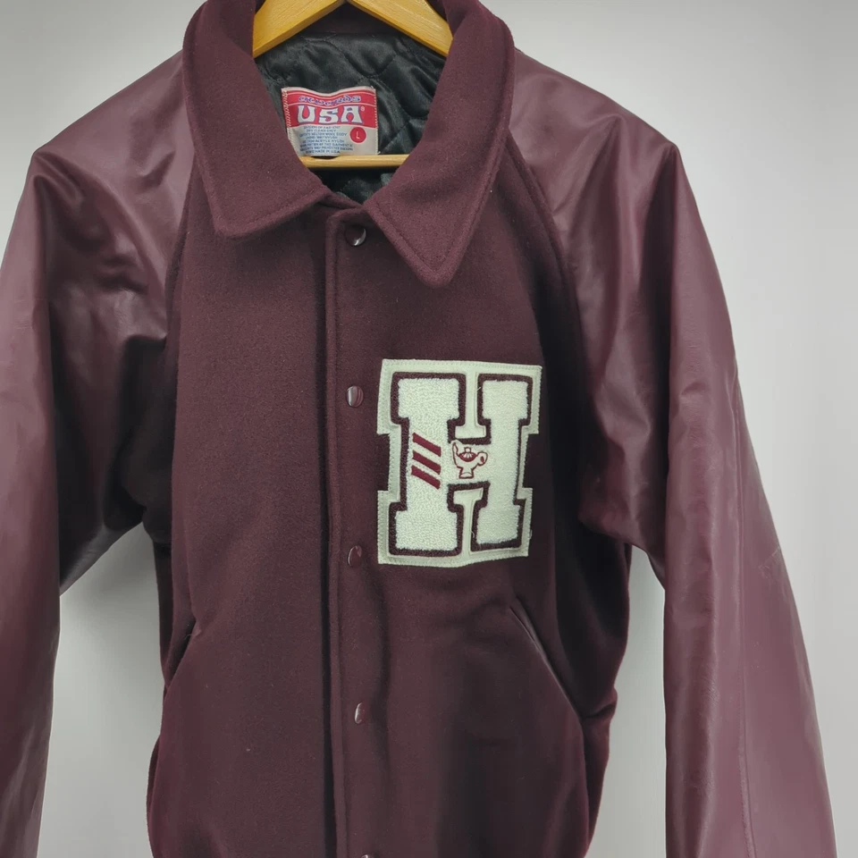 Awards USA Varsity Letterman Jacket Men's Large Maroon H Faux Leather Made USA - Image 2 of 4