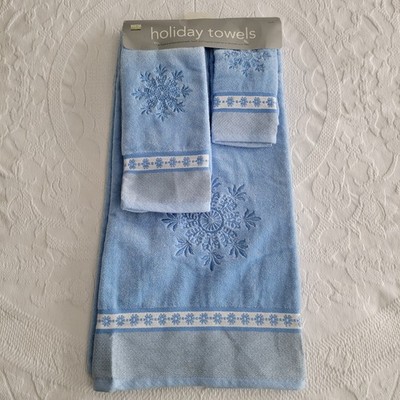 Vintage Martha Stewart 3 Piece Holiday Winter Towel Set Blue Snowflake Brand New