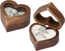 LETURE Wood Ring Display Box with Transparent Cover Single Slot 2 Slot, Heart Sh