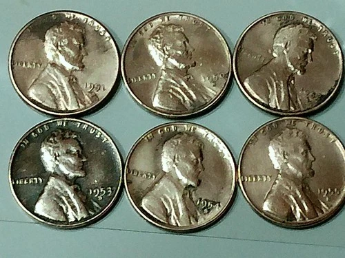 Lot of (6) us copper pennies - all (S's) 1950 - 1955) - ms - rb - 3.1 gr.-shiny-