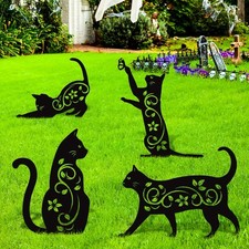 Black Cat Silhouette Metal Garden Statues - Bird Repellent Yard Stakes Decor