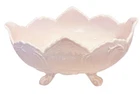 Vntg Jeannette Pink Milk Glass Footed Bowl Scalopped Rim & Embossed Body 10 1/2”