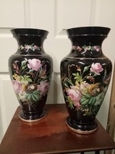 Pair Victorian Black Floral Porcelain Vases Hand Painted Staffordshire