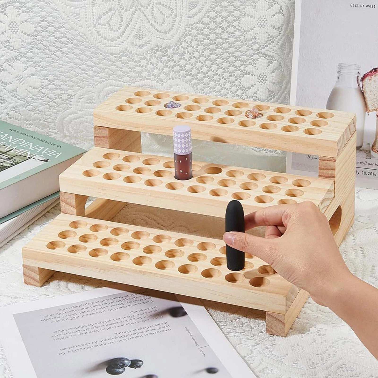 Wooden Lipstick Holder Lipstick Organizer Slot Diameter 0.8" Sturdy Rustic