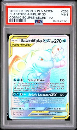 Blastoise & Piplup GX (Secret) 253/236 Sm-Cosmic Eclipse Holo PSA 9