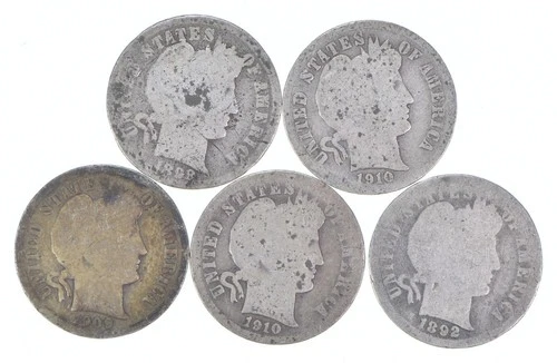 Better Lot 5 1898 1910-S 1909-O 1910-D 1892 Barber Dime 0.50 Face *201