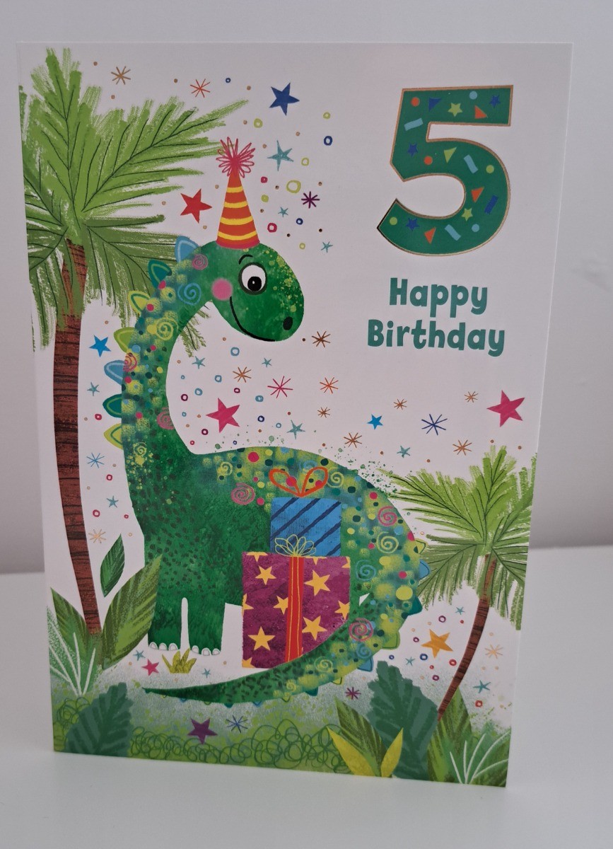Boys Age 5 Birthday Card. Dinosaur Themed. 19x13cm