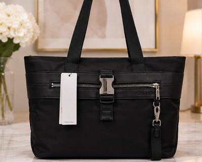 Calvin Klein Black Nylon Tote Bag Silver Hardware Laptop Travel Work Tote