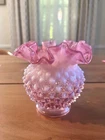 Vintage FENTON Cranberry Pink Hobnail  GLASS Ruffle Vase 5” T x 6” W