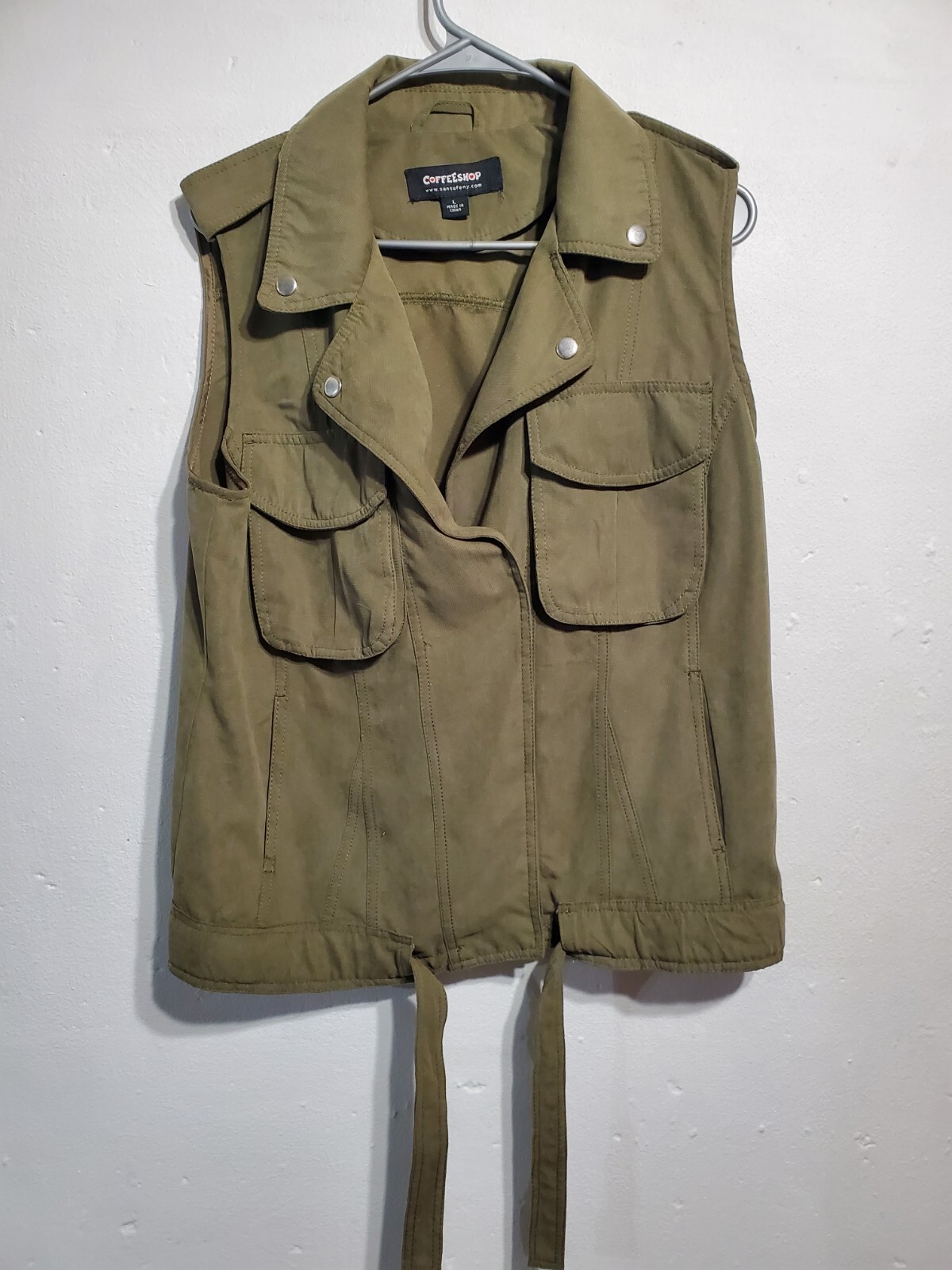 Size L Olive Green Coffee Shop Vest with Snap Utility Tie Detail