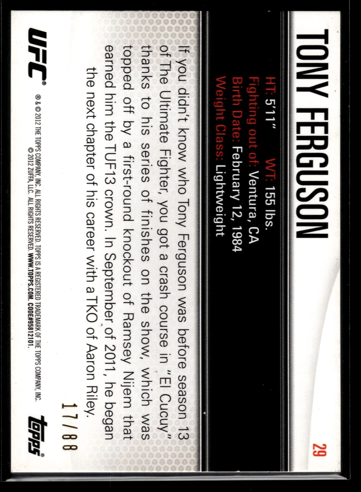 Tony Ferguson 2012 Topps UFC Knockout Green Card 17/88 #29 - Image 2 of 2