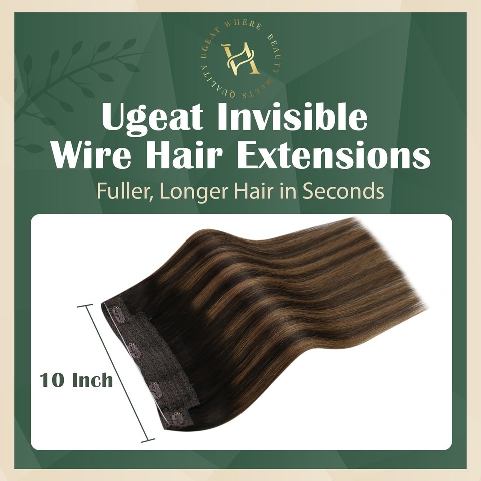 Ugeat Wire Human Hair Extensions Brown Ombre Fishing Line Hair