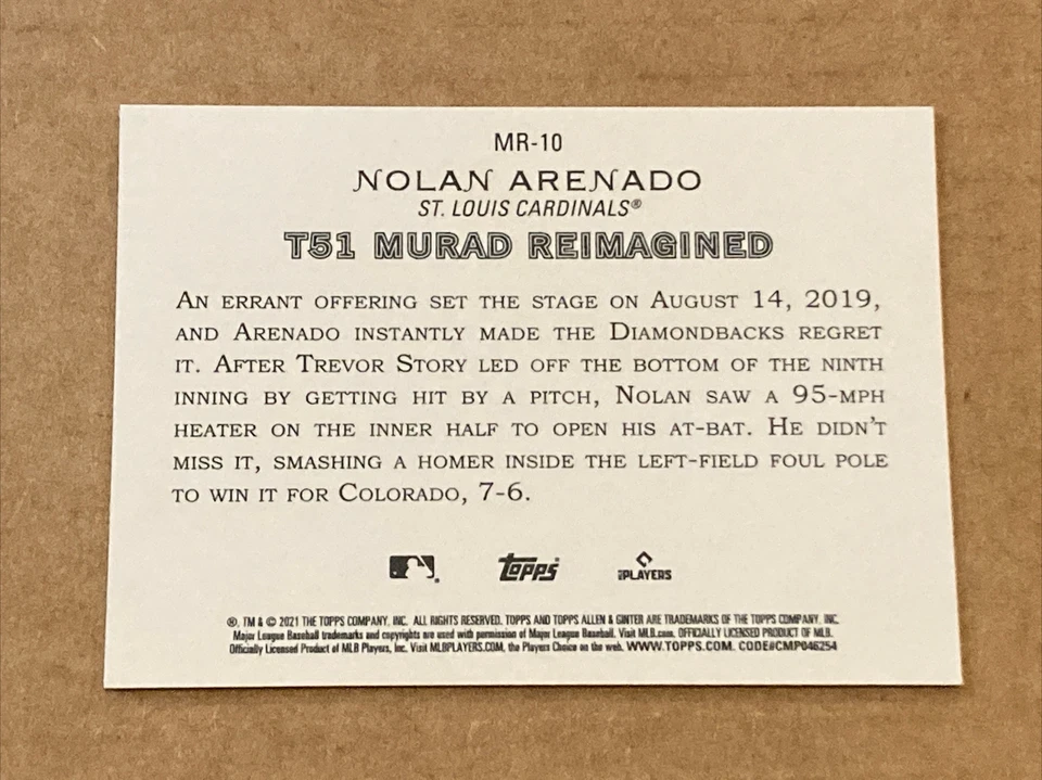 2021 Topps Allen & Ginter T51 Murad Reimagined #MR-10 Nolan Arenado Cardinals - Image 2 of 2