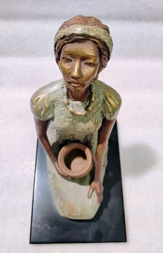 Vintage Sculpture Woman Kneeling W/Pot Painted Bronze Look 11" High - Picture 2 of 11