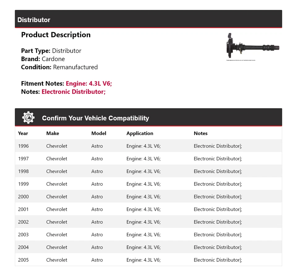For 1996-2005 Chevrolet Astro 4.3L V6 Distributor Cardone 1997 1998 1999 2000 - Image 2 of 4