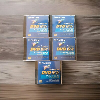 Fujifilm DVD+RW 4X 120 Minutes 4.7GB HQ Rewritable Data Video Discs - Lot of 5