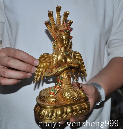 10"Old Tibet Bronze Gilt 5-Heads Snake Naga Kanya Snake Fairy Buddha Statue - Picture 5 of 9