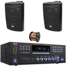 Pyle FM Stereo Home Audio Amplifier, 2x 4" 200W 3-Way Indoor/Outdoor Speakers