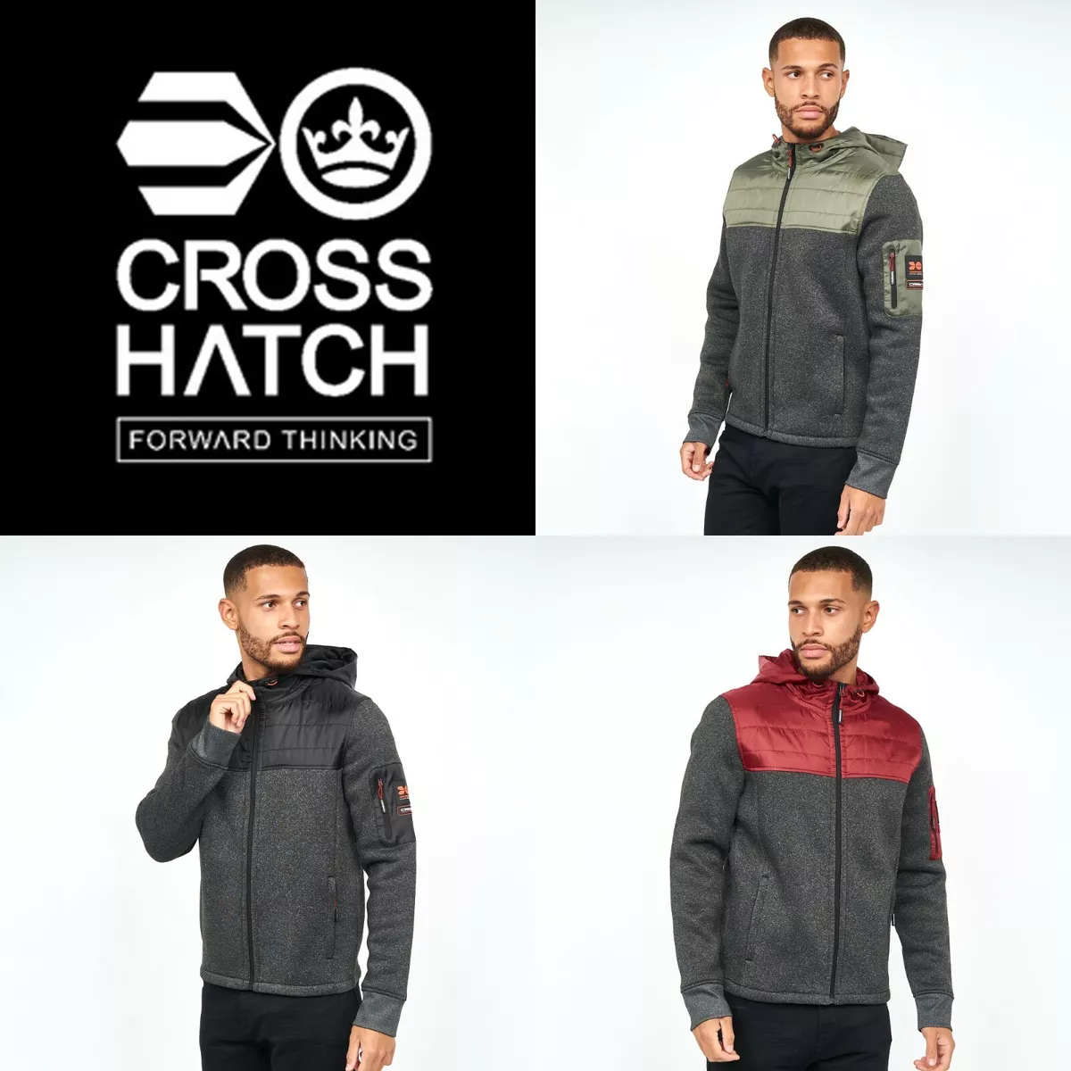 Mens Crosshatch Fleece Quilted Zipped Hooded Jacket Hoodie Windbreaker Coat