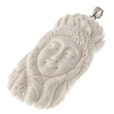 925 Silver Handcrafted Ethnic Inuit Woman Bison Bone Carving Pendant, 3 3/8"