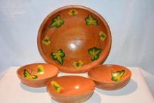 Lot 4 Antique Vintage Handpainted Ivy WOOD Salad BOWL Dough SET Japan
