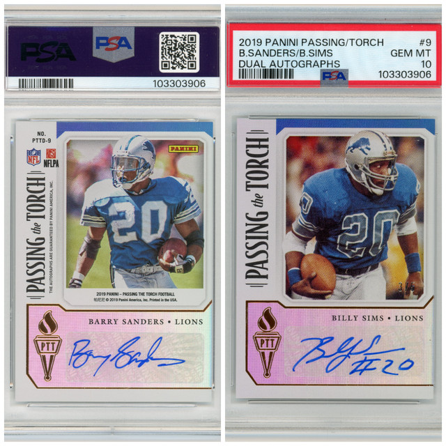 Barry Sanders Billy Sims 2019 Panini Passing the Torch Auto #3/5 PSA 10 Pop 1