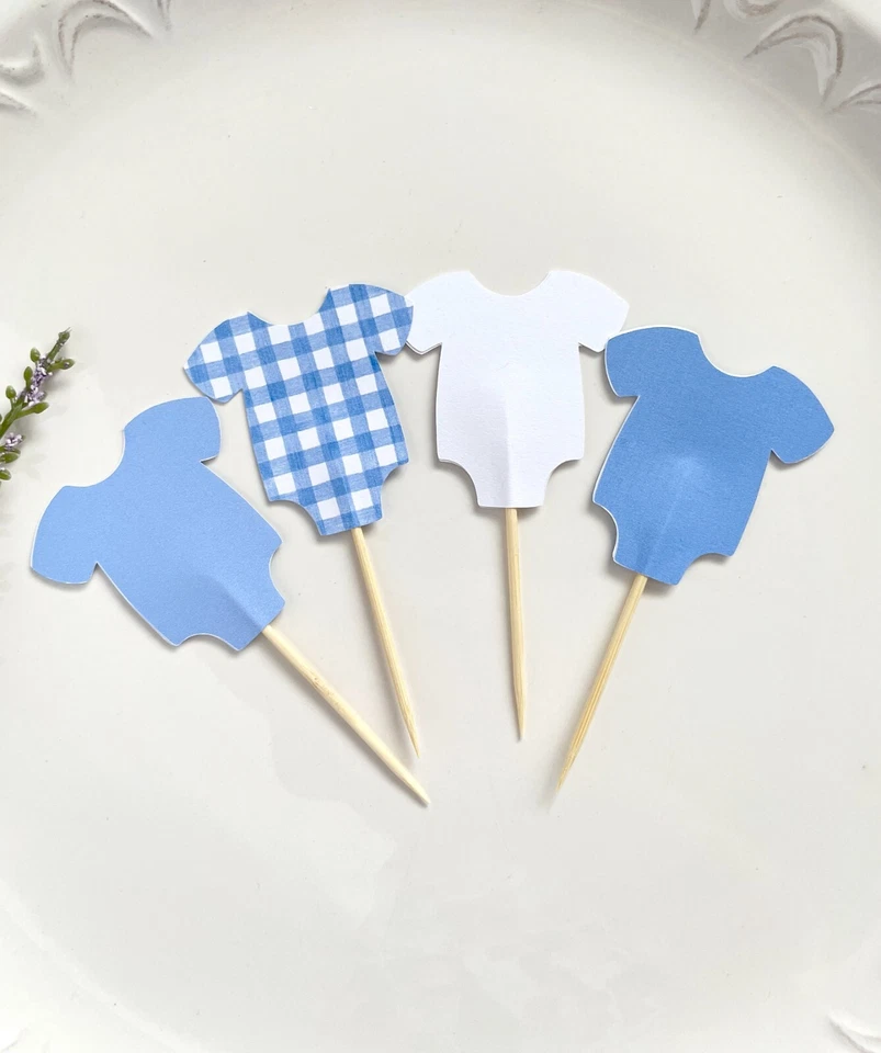 12 picos de comida azul para baby shower, toppers para cupcakes gingham, decoración para baby shower Foto 2 de 3