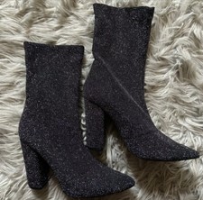 Silver Glitter, Sparkly, Pointy Toe, Block Heel Boots Size US 8