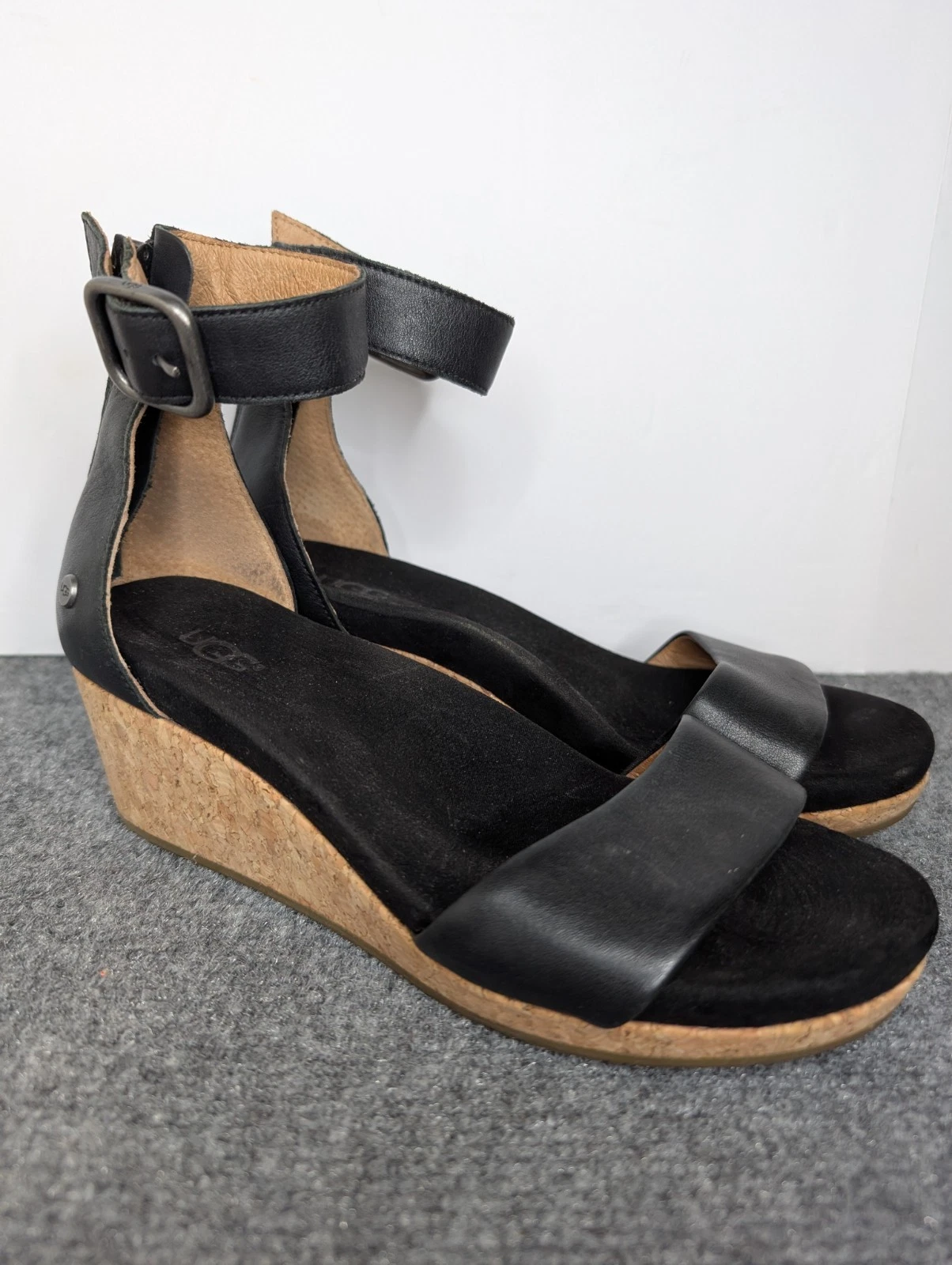 UGG Elena II Sandali Zeppa Donna 6 Nero Pelle Sughero Tacco Cinturino Regolabile