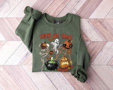 Trick Or Treat Sweatshirt Halloween Skeleton Ghost Black Cat Jack-O-Lantern