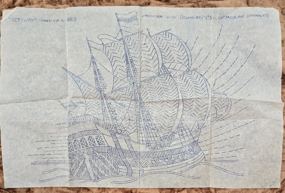 C 1940s Art Deco Transfer Ship Galleon Embroidery Needlework Bestway 1665 - image 2 of 2