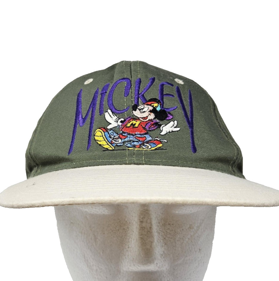 Mickey Mouse Hat Cap Snap Back Green White Embroidered Disney Two Tone Mens