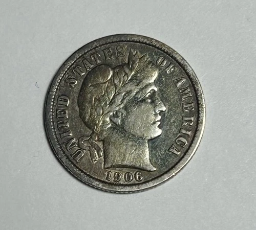 1906 Barber Dime Toned Full Liberty 90% Silver US Coin XF