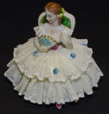 Volkstedt Dresden Lace Porcelain Seated Lady in White with Fan Germany