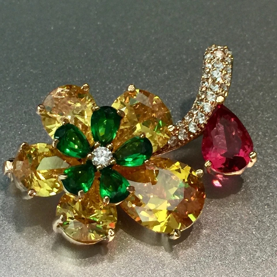 Broche prendedor flor piedras preciosas zafiro multicolor enchapado en oro rosa de 18 quilates creado en laboratorio Foto 4 de 4