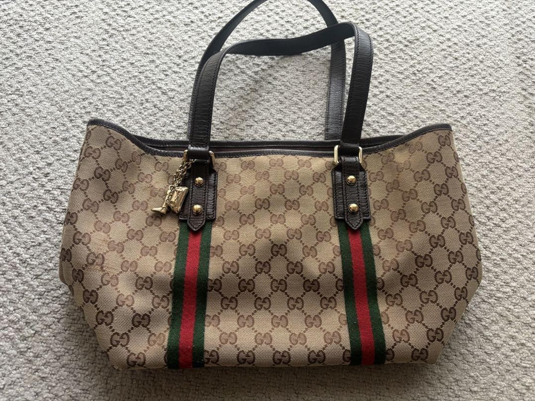 Gucci GG Canvas Handbag Green Red Stripe Preowned
