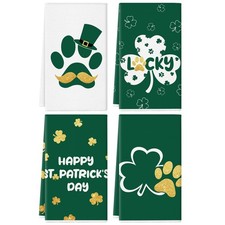 Happy St. Patrick's Day Kitchen Towels Set of 4 Lucky Shamrock Dog Paw Dish Towe
