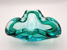 Heavy/Thick Art Glass Ashtray Green/Blue Freeform Triangle Shape 3 Slots 5" W